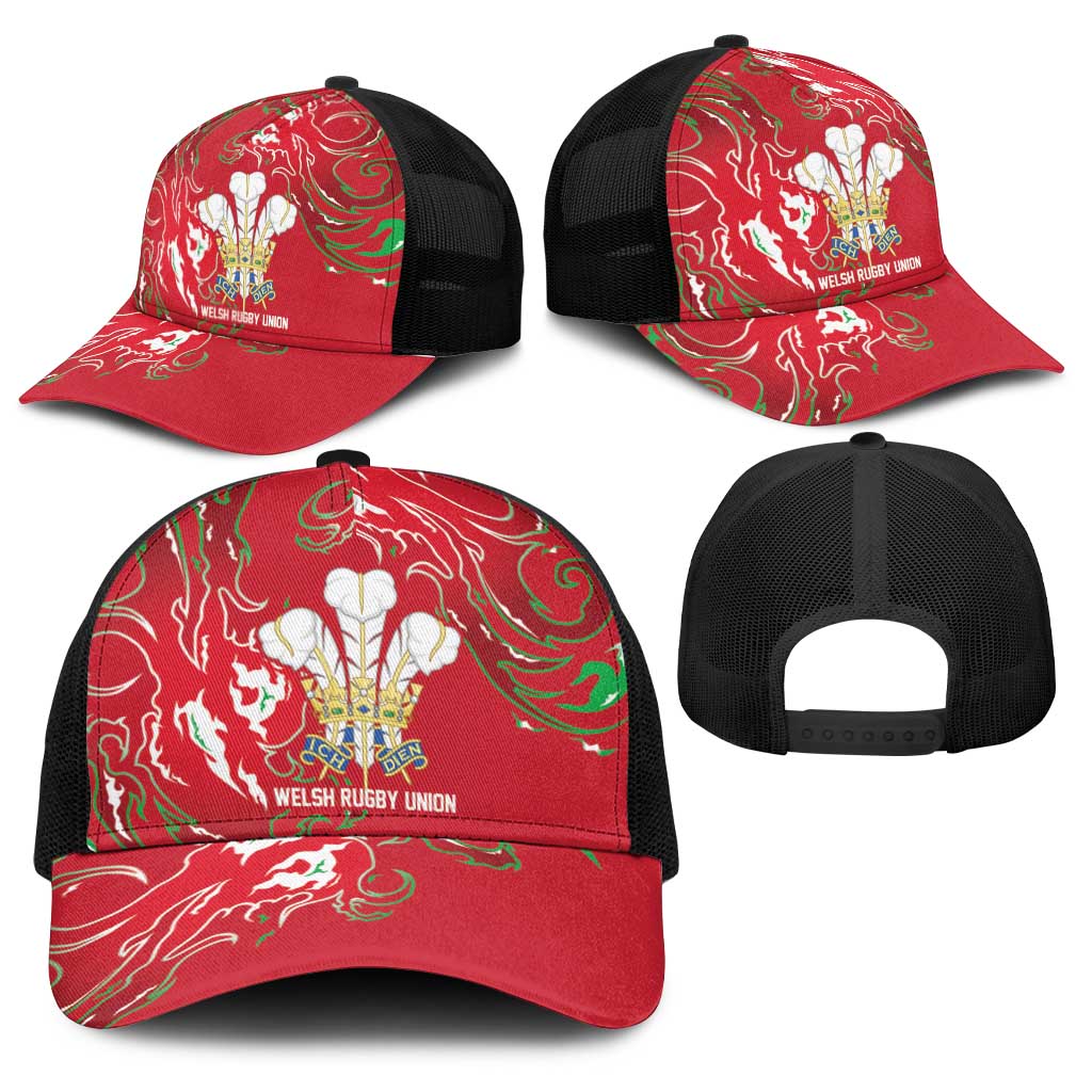 Wales Rugby Pride Baseball Net Cap Cymru Three feathers Flame Fire Style