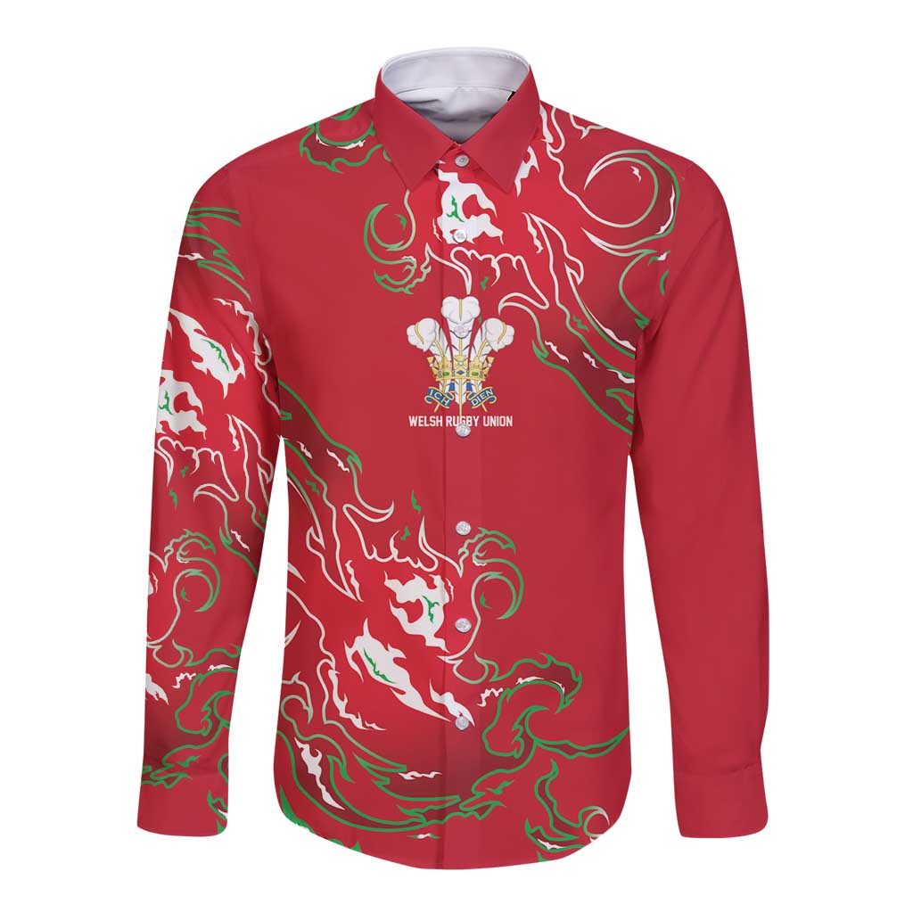 Custom Wales Rugby Pride Long Sleeve Button Shirt Cymru Three feathers Flame Fire Style