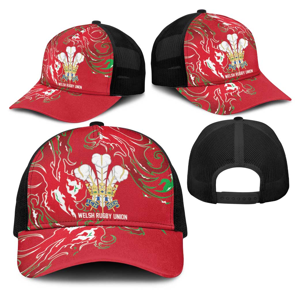 Wales Rugby Pride Mesh Trucker Cap Cymru Three feathers Flame Fire Style