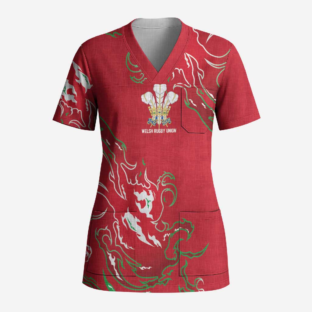 Custom Wales Rugby Pride Scrub Top Cymru Three feathers Flame Fire Style