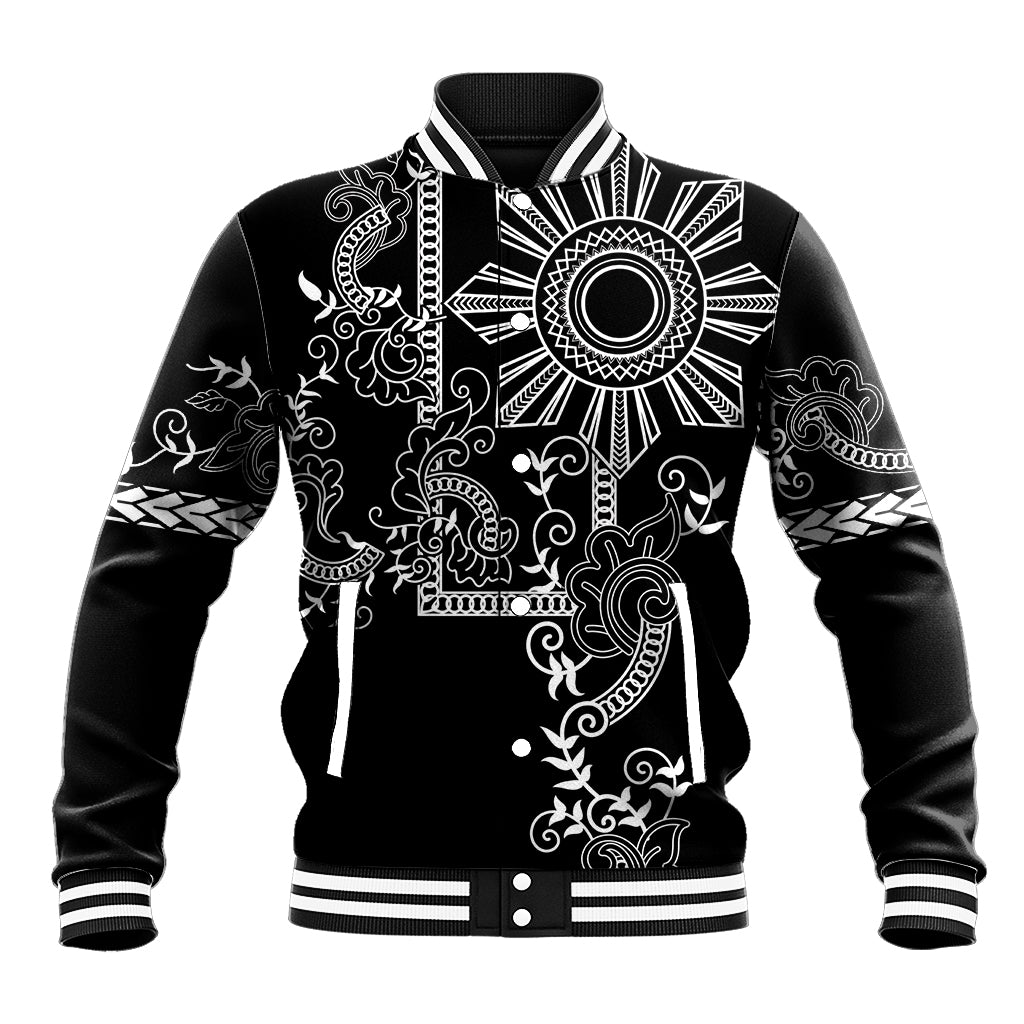 Black baseball jacket with white tribal sun and ornamental tattoo-style graphic, ribbed cuffs