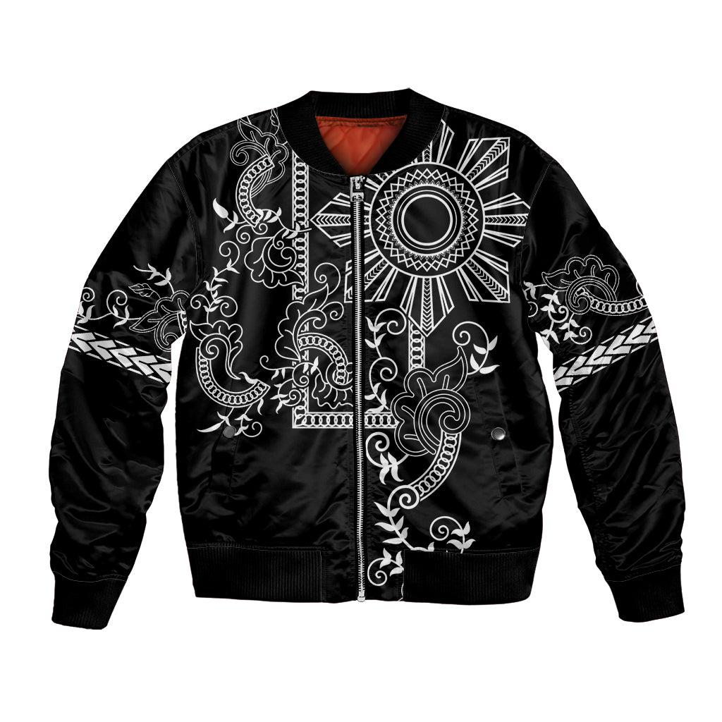 Black bomber jacket with white tribal sun and ornamental tattoo-style graphics, front view