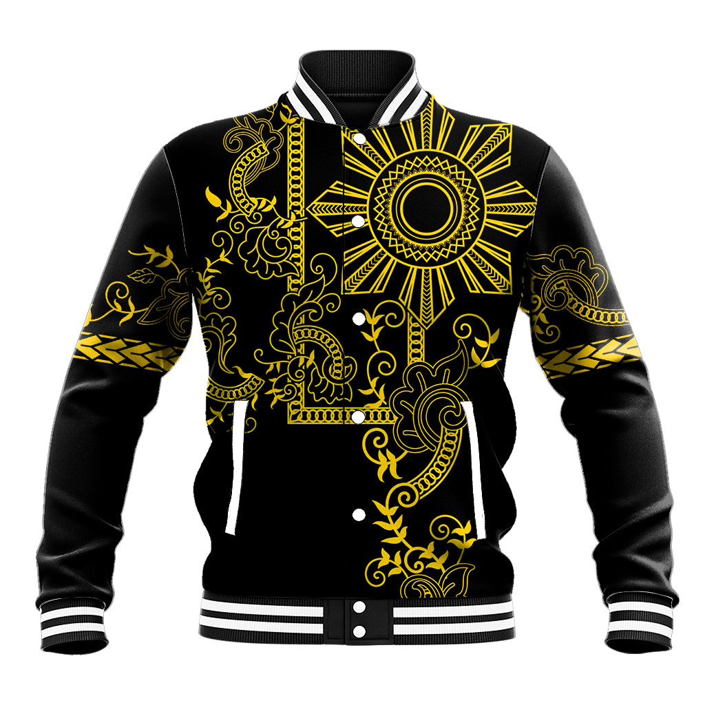 Black varsity baseball jacket with gold tribal sun and ornate patterns, striped ribbed trim