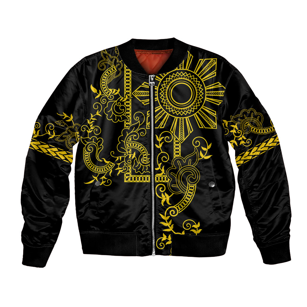 Unisex bomber jacket in black with gold tribal sun and floral graphics, front zip
