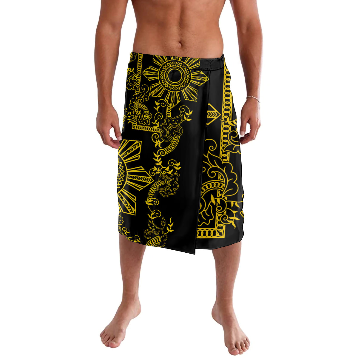 Men's tribal print lavalava wrap shorts, black with gold sun and ornamental designs