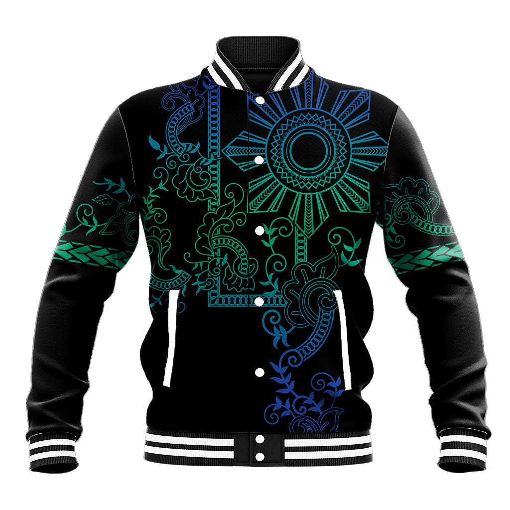 Black varsity baseball jacket with blue-green tribal sun print and striped ribbed cuffs