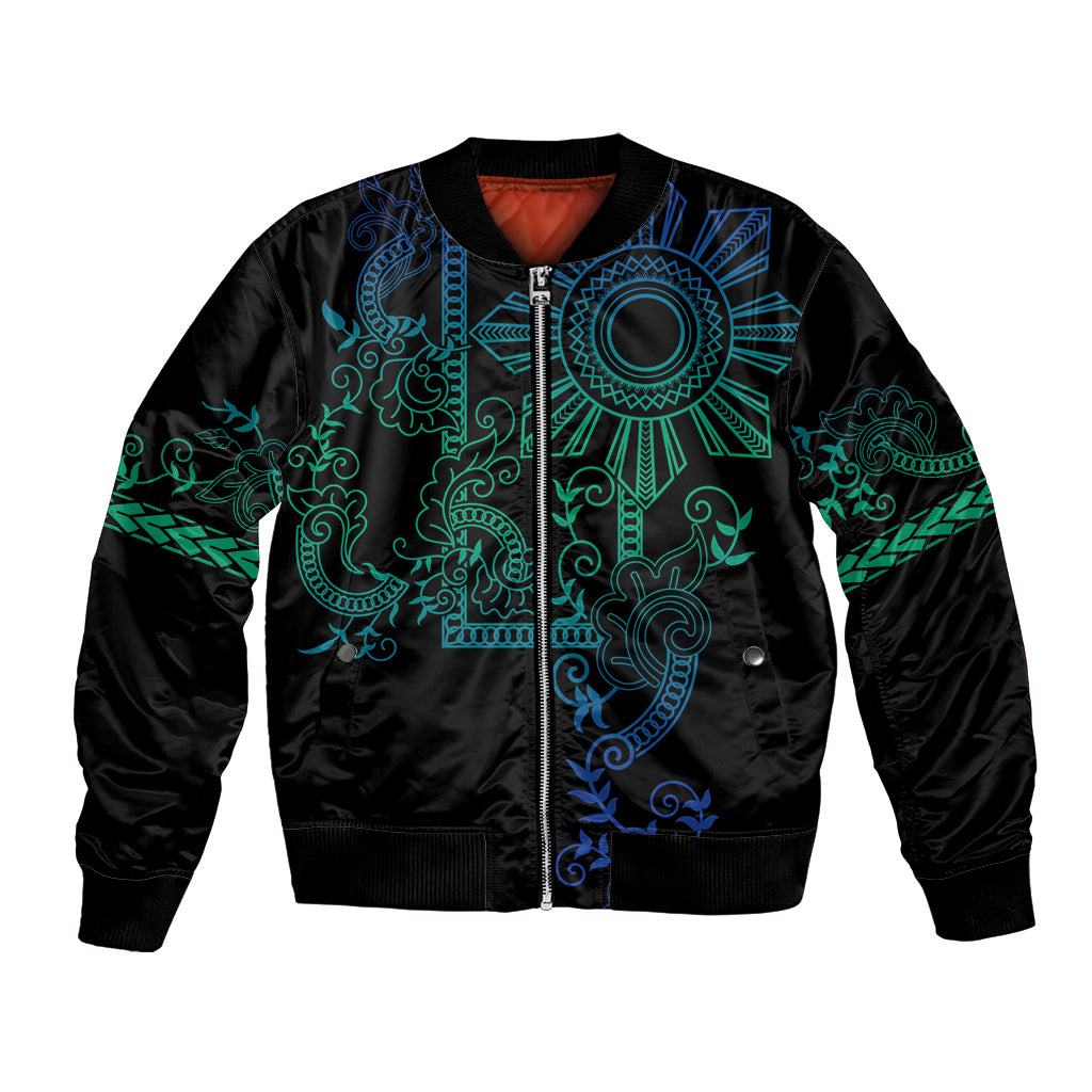 Black bomber jacket with blue-teal tribal sun pattern, zip front and ribbed collar