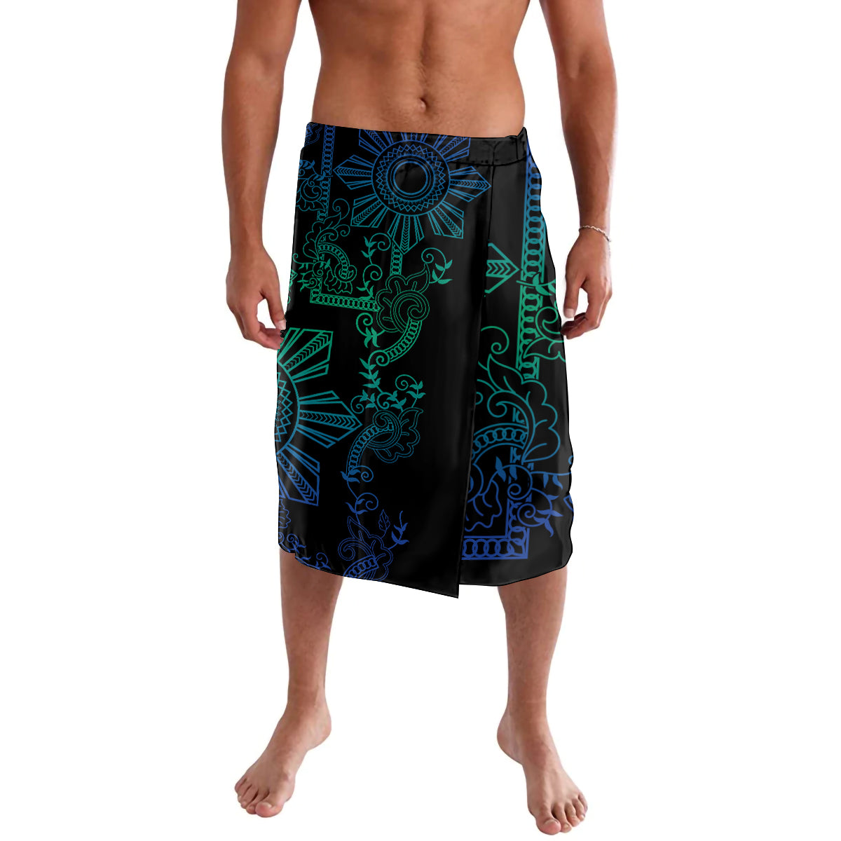 Men's knee-length tribal print shorts in dark blue with teal and green accents