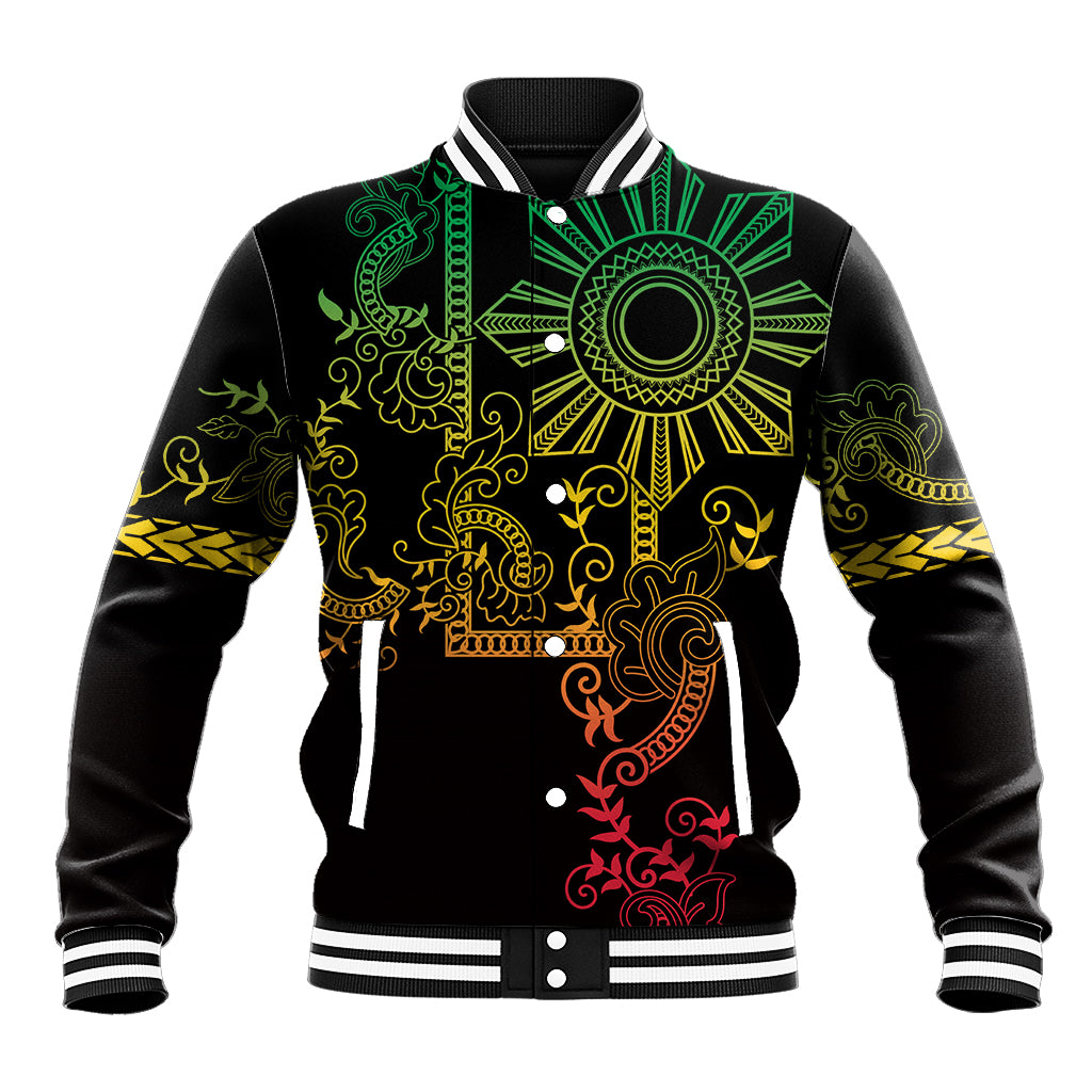Black tribal baseball jacket with neon sun graphic, striped collar and ribbed cuffs