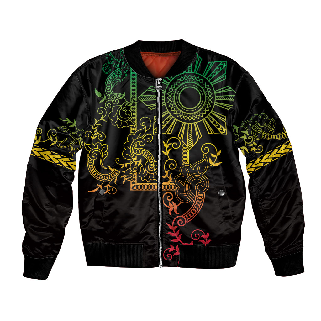 Black bomber jacket with front zipper and colorful tribal sun emblem, ribbed hem and cuffs