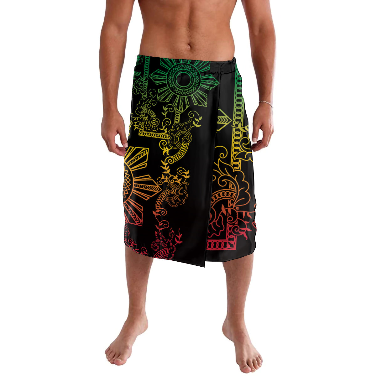 Men's tribal graphic shorts with black base, green sun and red/yellow ornament print