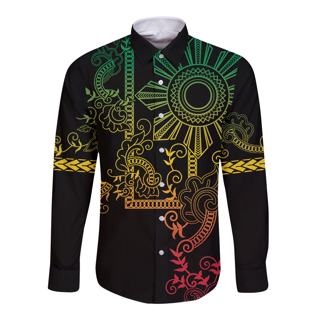 Long-sleeve button shirt, dark with green/yellow tribal front graphic