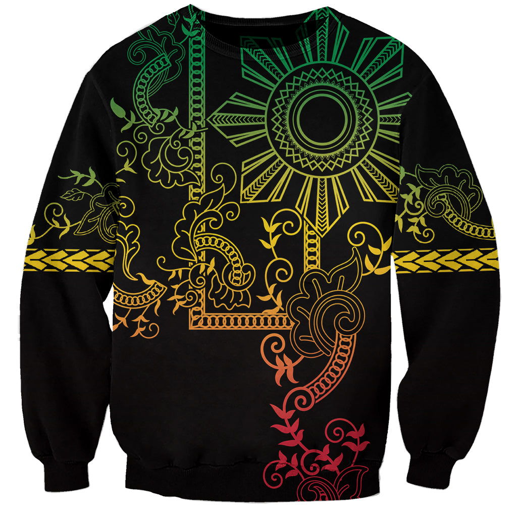 Black unisex sweatshirt with green tribal sun and decorative tattoo-style print