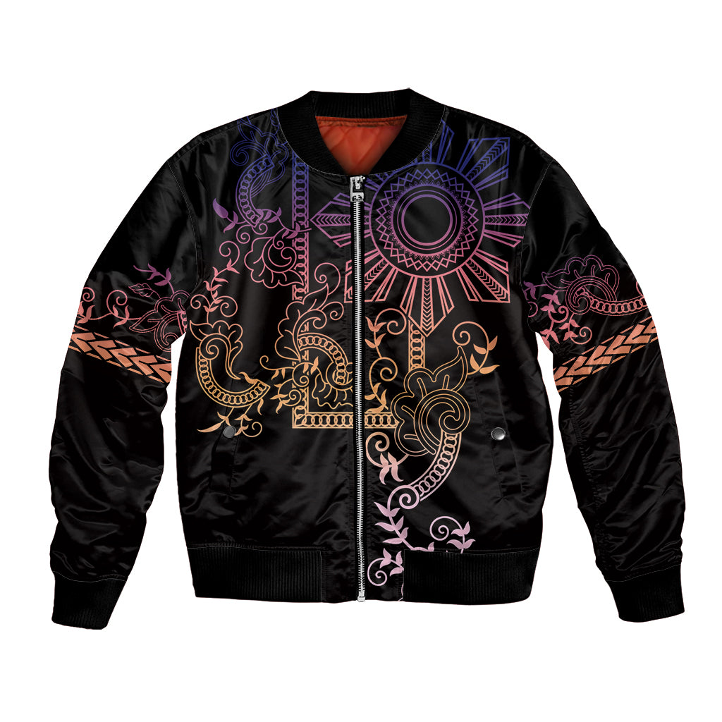 Unisex black bomber jacket with front zipper and colorful tribal sun graphic