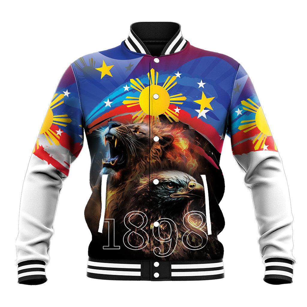 Unisex blue baseball jacket, white sleeves, black rib trim, lion and eagle front print 1898