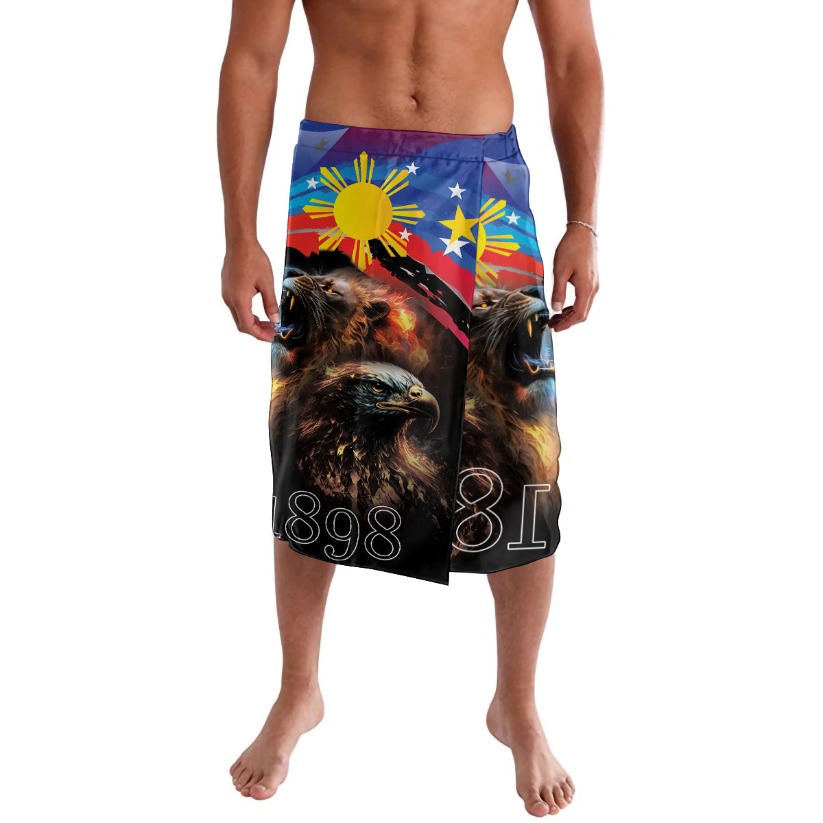 Black lavalava shorts with Philippine flag, lion and eagle graphic, 1898 print
