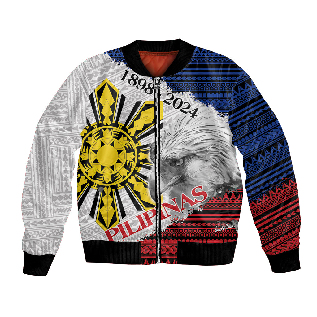 Unisex white bomber jacket with blue/red geometric trim and gold eagle emblem graphic