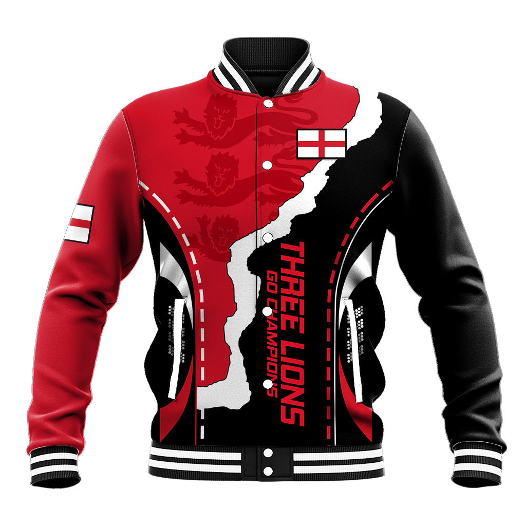 Red and black baseball jacket with button front, striped collar, and England map graphic.