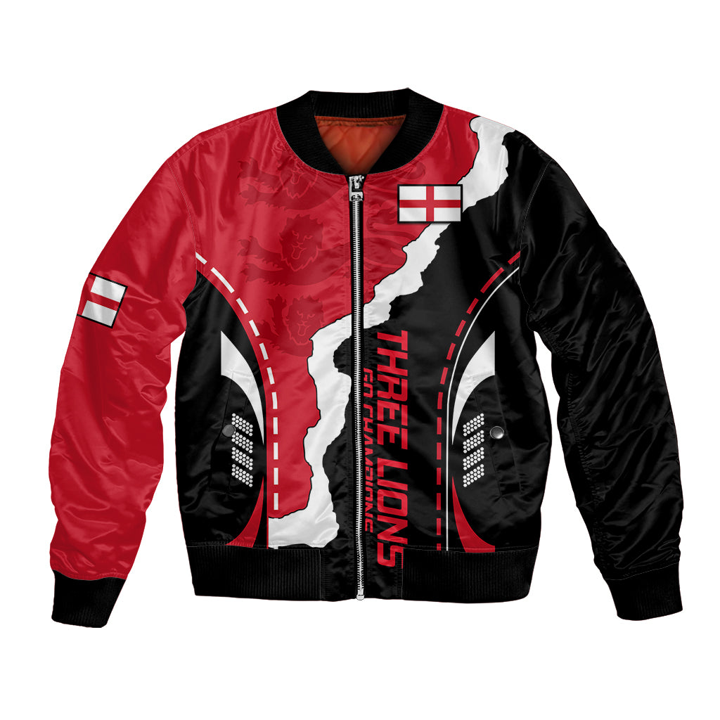Red and black bomber jacket with zipper, white lion graphic and flag patch