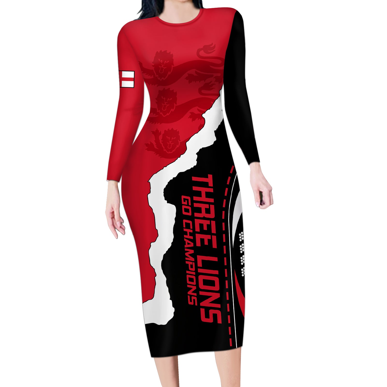 England Long Sleeve Bodycon Dress The Three Lions Football Go Champions Red - Wonder Print Shop