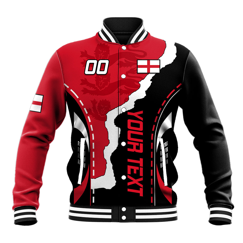Red and black baseball jacket with striped collar, snap buttons, and England graphic