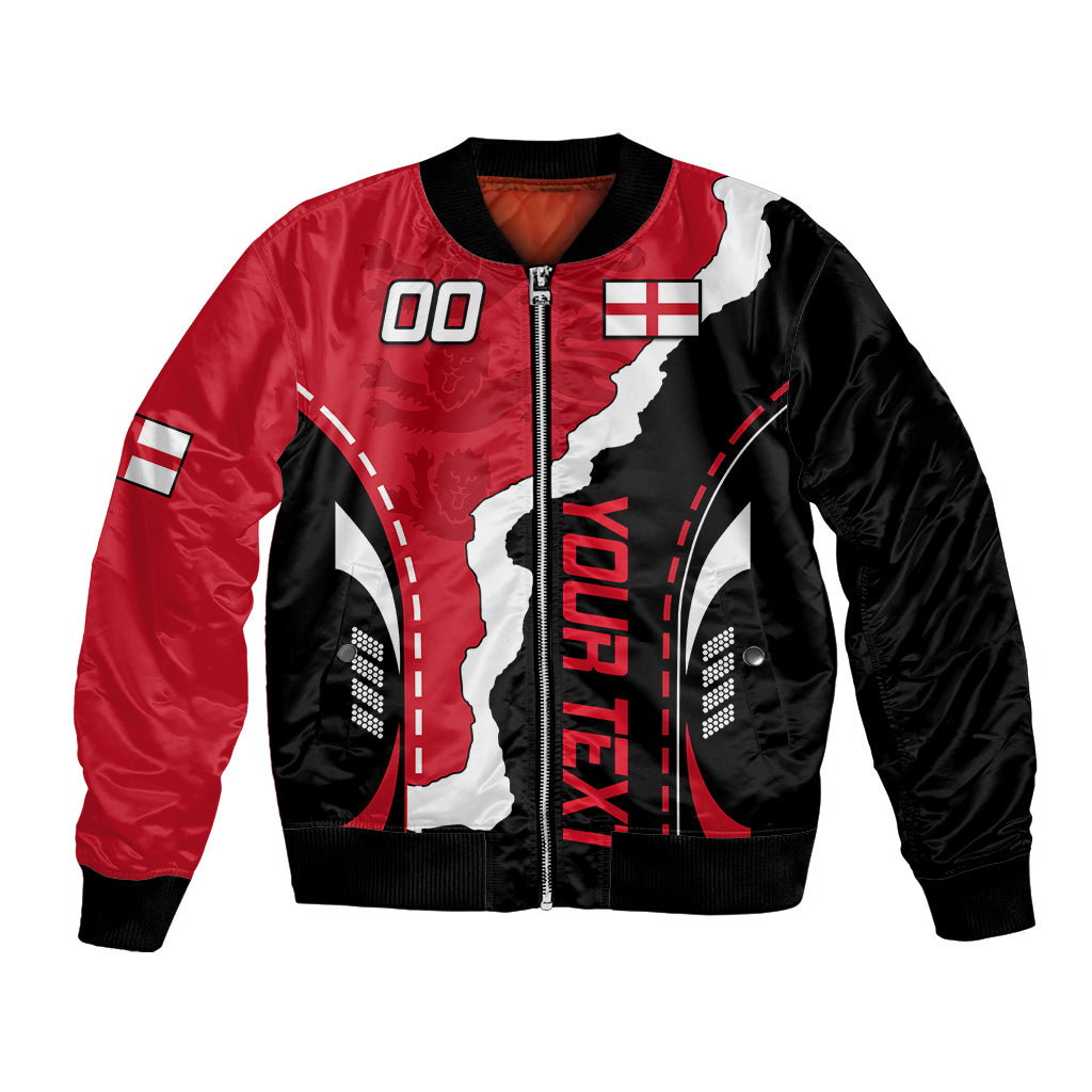 Red and black bomber jacket with England flag, Three Lions graphic, zip front