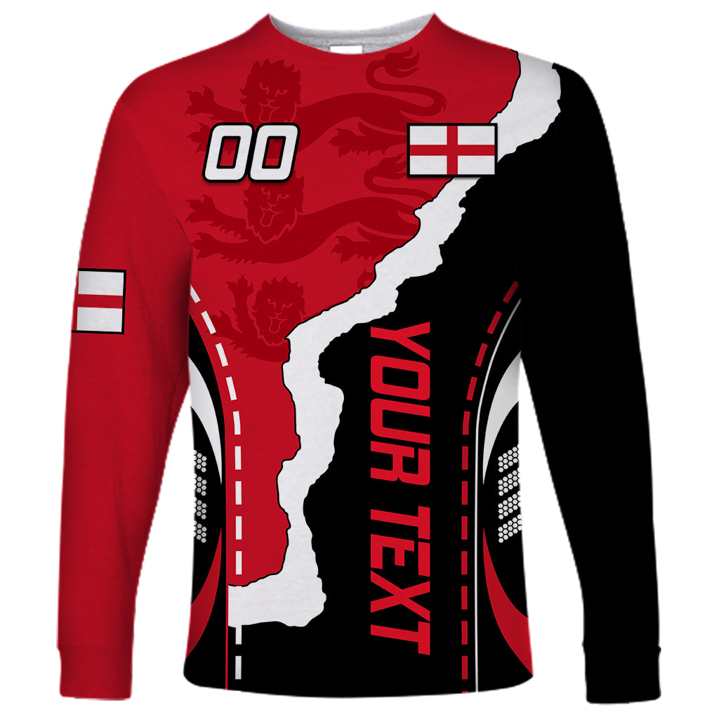 Red long-sleeve shirt with England map graphic, 00 print, and England flag detail
