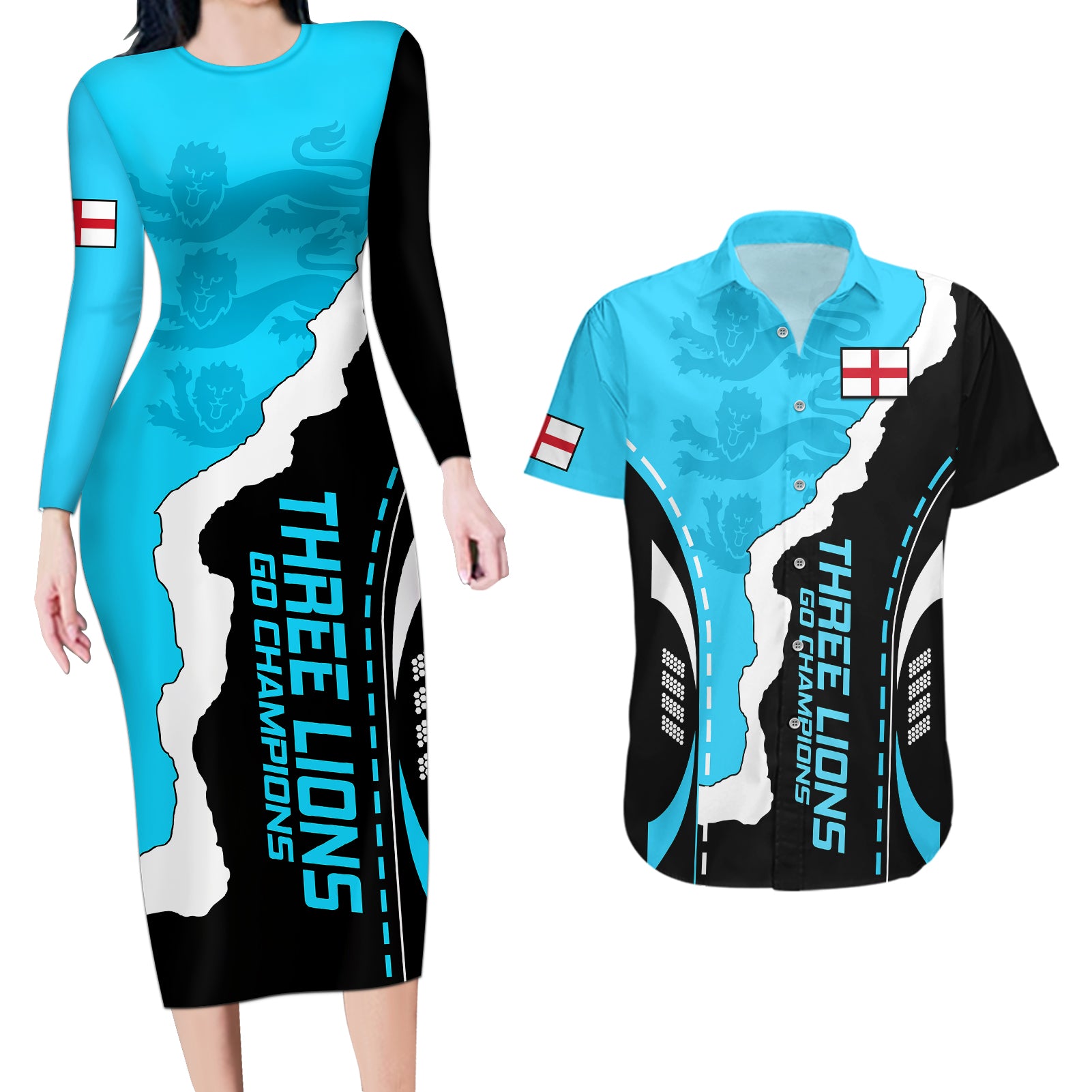 England Couples Matching Long Sleeve Bodycon Dress and Hawaiian Shirt The Three Lions Football Go Champions Blue LT9 - Wonder Print Shop