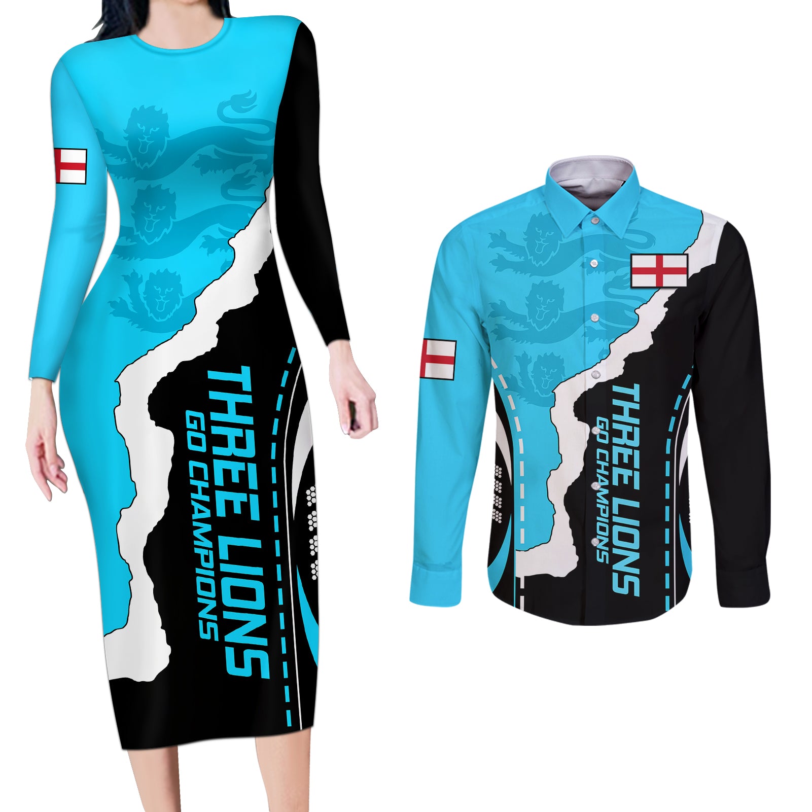 England Couples Matching Long Sleeve Bodycon Dress and Long Sleeve Button Shirts The Three Lions Football Go Champions Blue LT9 - Wonder Print Shop