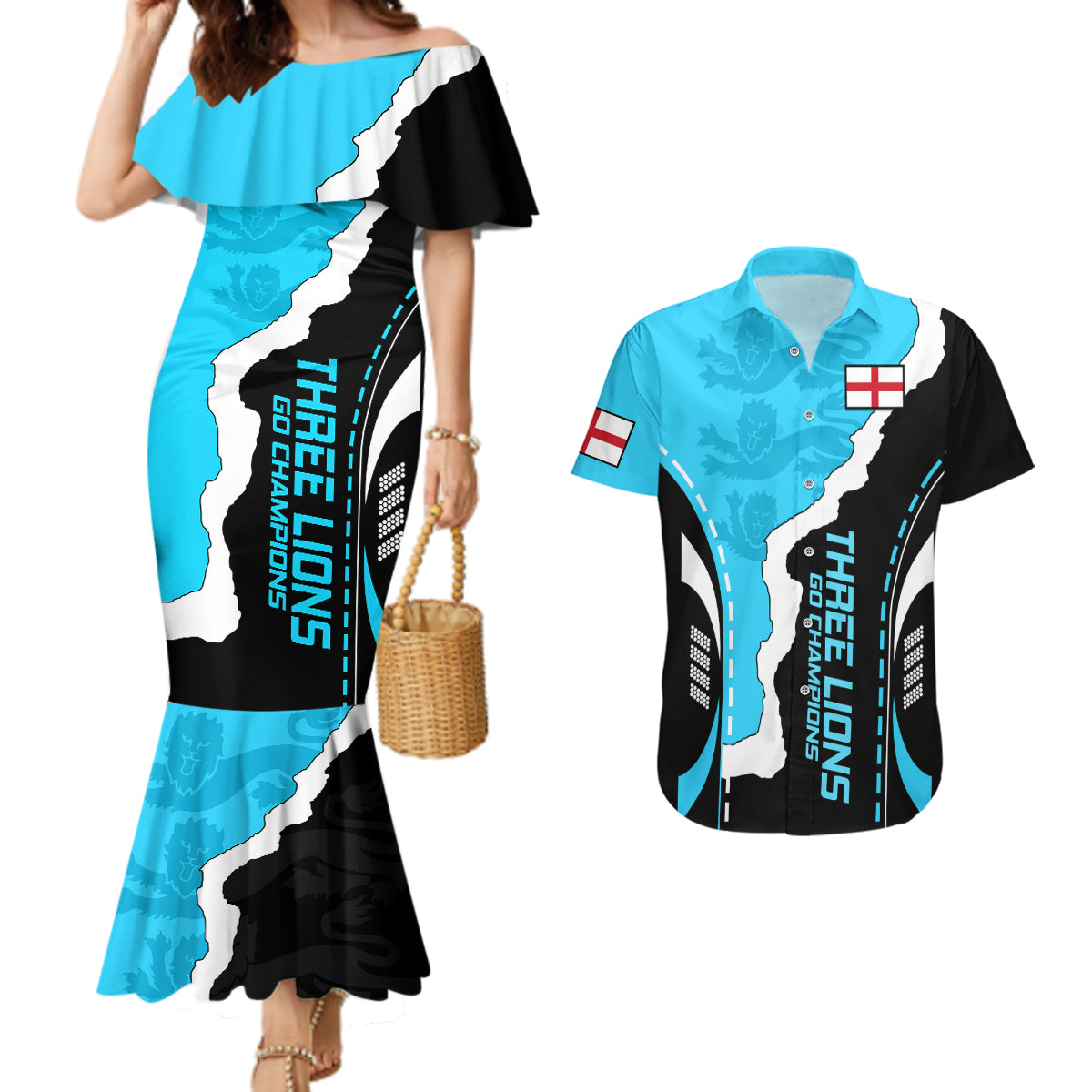 England Couples Matching Mermaid Dress And Hawaiian Shirt The Three Lions Football Go Champions Blue LT9 - Wonder Print Shop