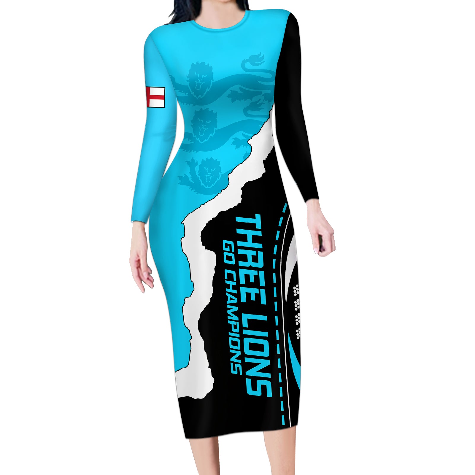 England Long Sleeve Bodycon Dress The Three Lions Football Go Champions Blue - Wonder Print Shop