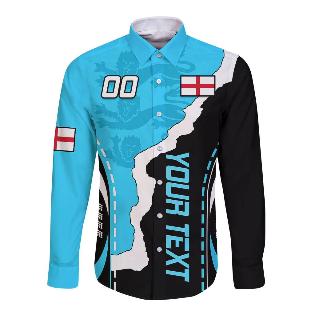 Long-sleeve button shirt with England map graphic, blue and black panels