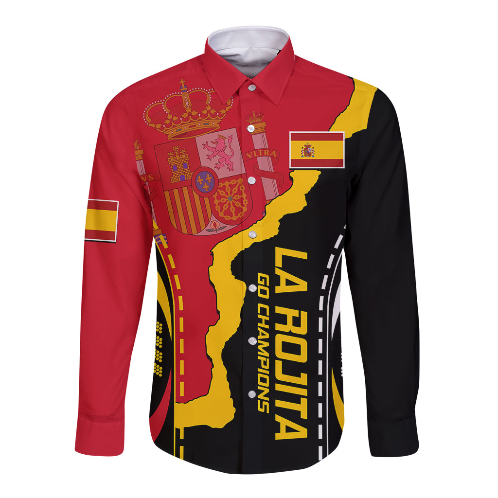 Red long-sleeve button shirt with Spain crest and map graphic, black and yellow side panels