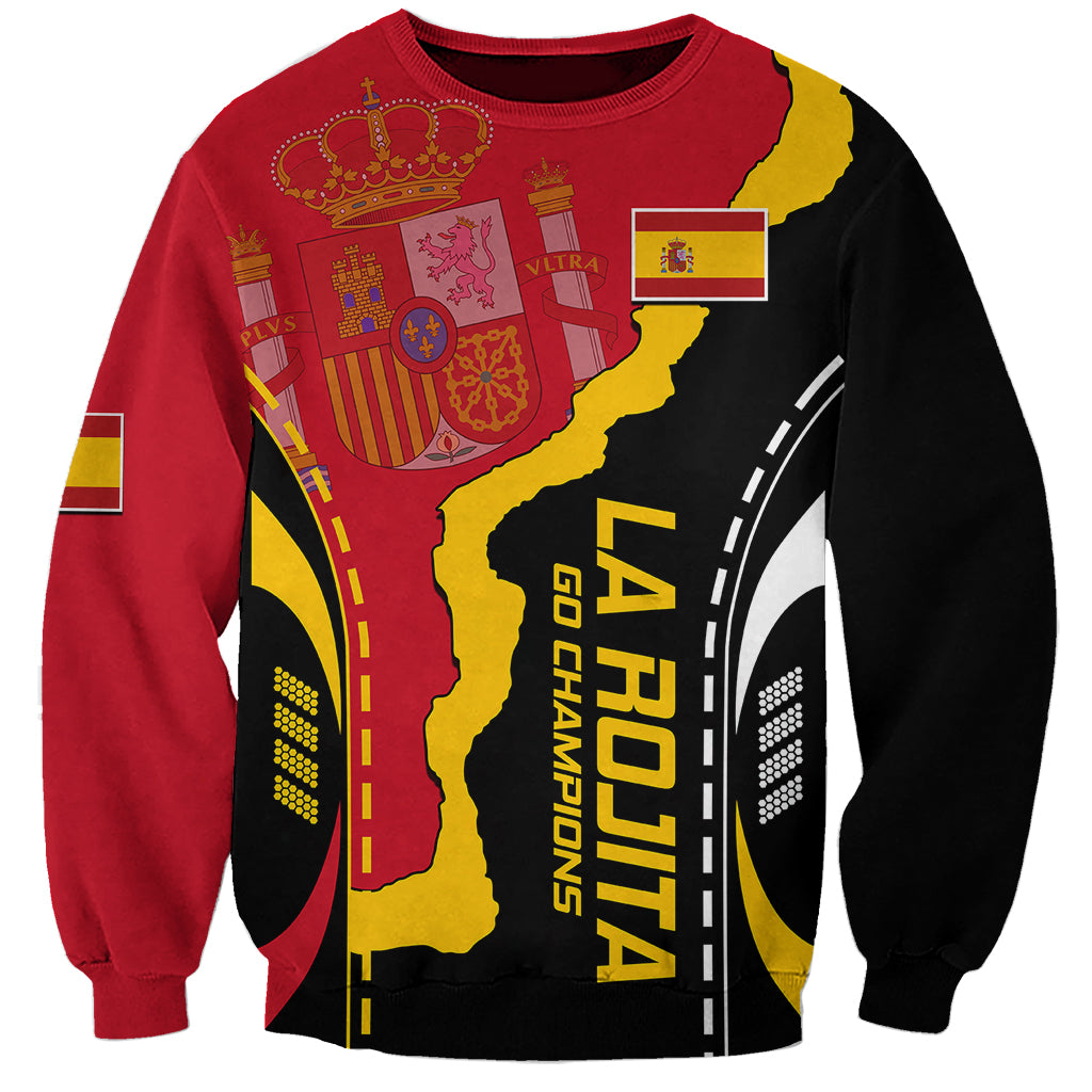 Red and black football sweatshirt with yellow Spain map, crown crest, and LA ROJITA print
