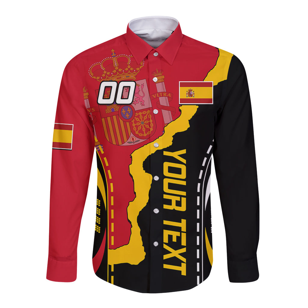 Red long sleeve button shirt with black-yellow map graphic, crest badge, and '00' print