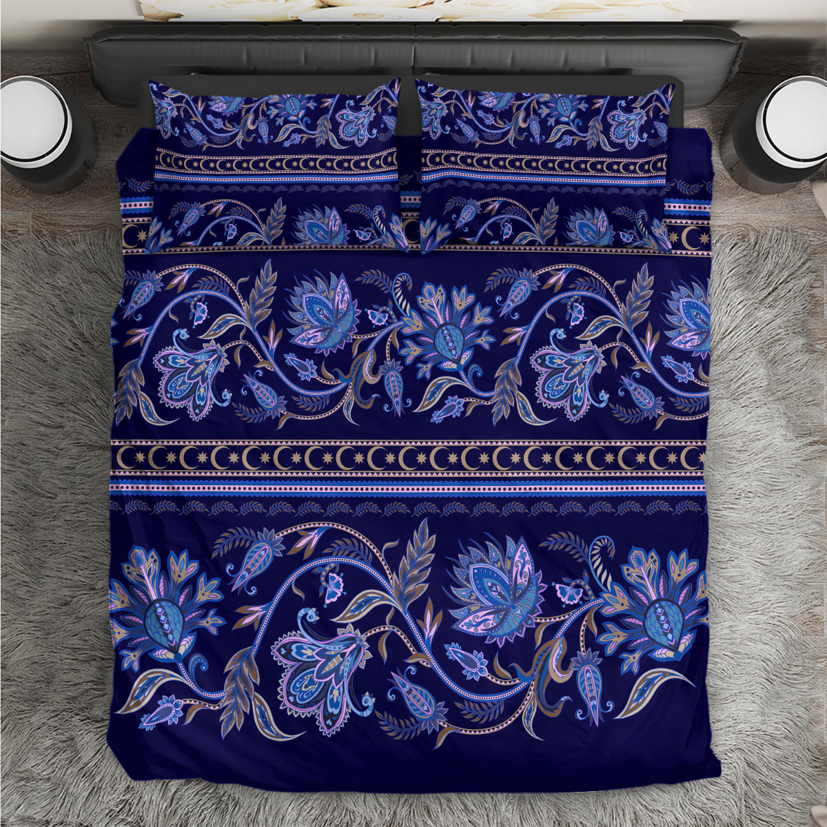 Azerbaijan Bedding Set Traditional Pattern Ornament With Flowers Buta Blue LT9 - Wonder Print Shop