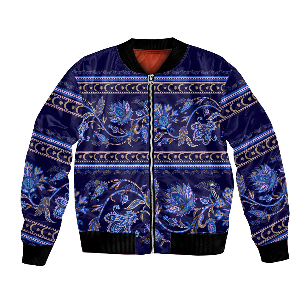 Azerbaijan Bomber Jacket Traditional Pattern Ornament With Flowers Buta Blue LT9 - Wonder Print Shop