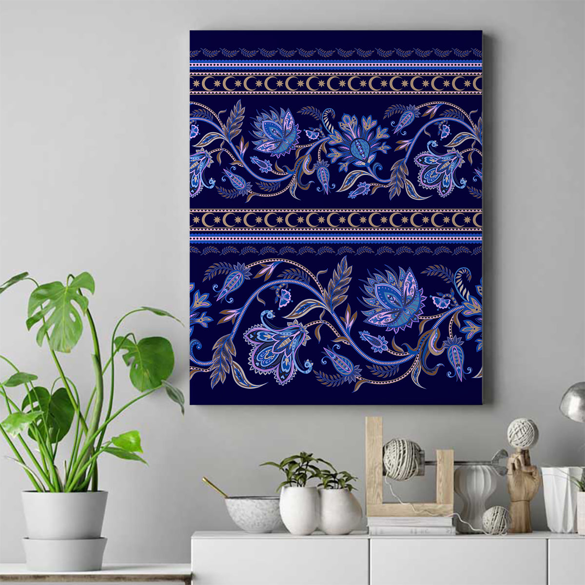 Azerbaijan Canvas Wall Art Traditional Pattern Ornament With Flowers Buta Blue LT9 - Wonder Print Shop