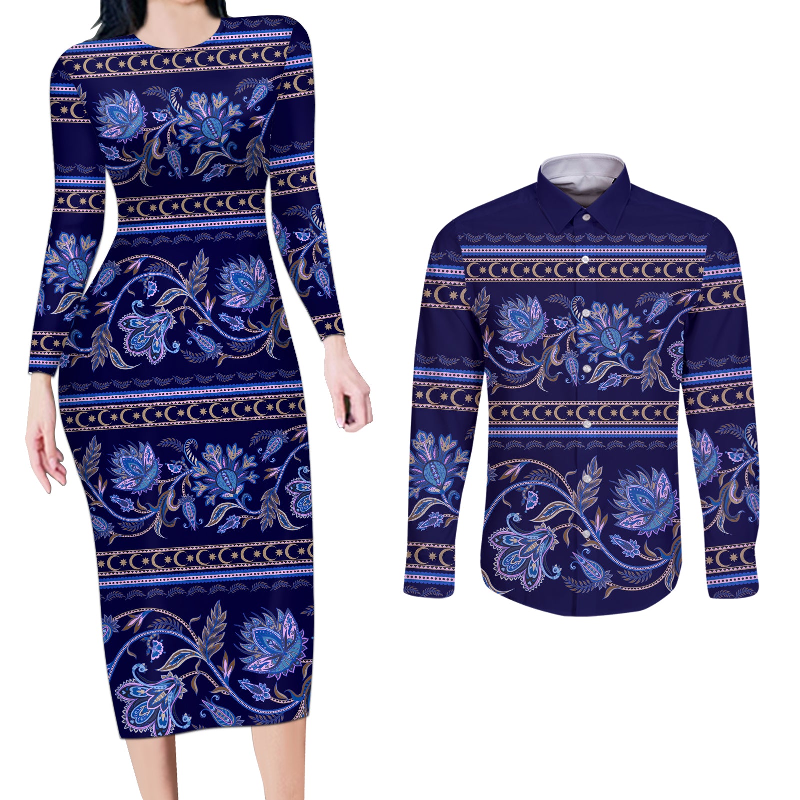 Azerbaijan Couples Matching Long Sleeve Bodycon Dress and Long Sleeve Button Shirts Traditional Pattern Ornament With Flowers Buta Blue LT9 - Wonder Print Shop