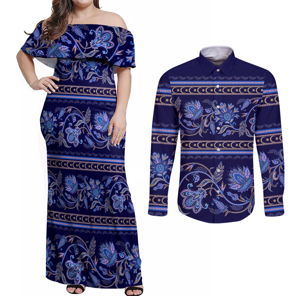 Azerbaijan Couples Matching Off Shoulder Maxi Dress and Long Sleeve Button Shirts Traditional Pattern Ornament With Flowers Buta Blue LT9 - Wonder Print Shop