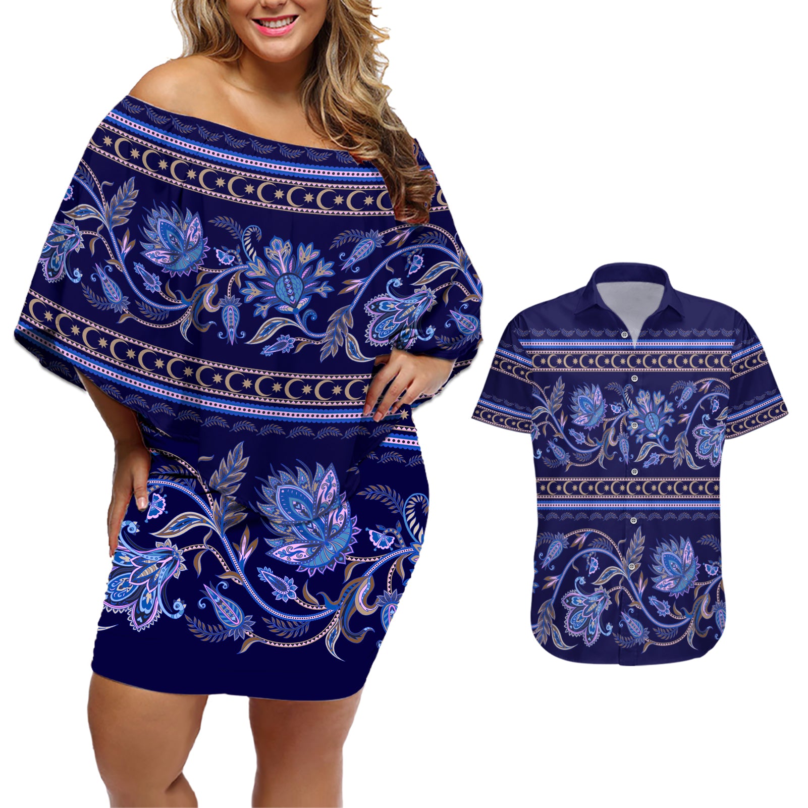 Azerbaijan Couples Matching Off Shoulder Short Dress and Hawaiian Shirt Traditional Pattern Ornament With Flowers Buta Blue LT9 - Wonder Print Shop