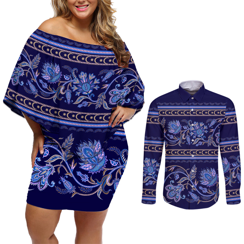 Azerbaijan Couples Matching Off Shoulder Short Dress and Long Sleeve Button Shirts Traditional Pattern Ornament With Flowers Buta Blue LT9 - Wonder Print Shop