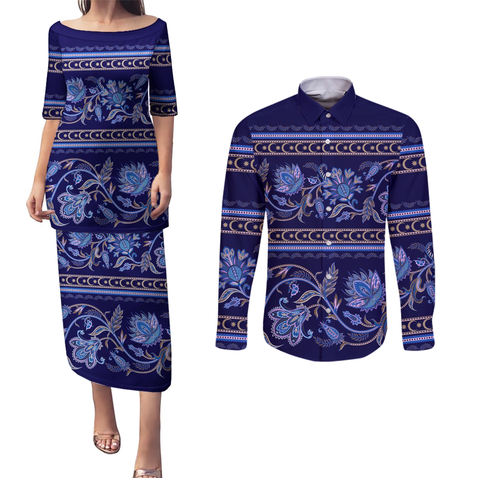 Azerbaijan Couples Matching Puletasi Dress and Long Sleeve Button Shirts Traditional Pattern Ornament With Flowers Buta Blue LT9 - Wonder Print Shop