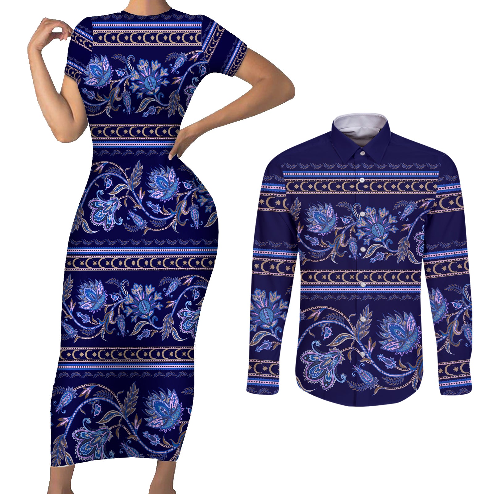 Azerbaijan Couples Matching Short Sleeve Bodycon Dress and Long Sleeve Button Shirts Traditional Pattern Ornament With Flowers Buta Blue LT9 - Wonder Print Shop