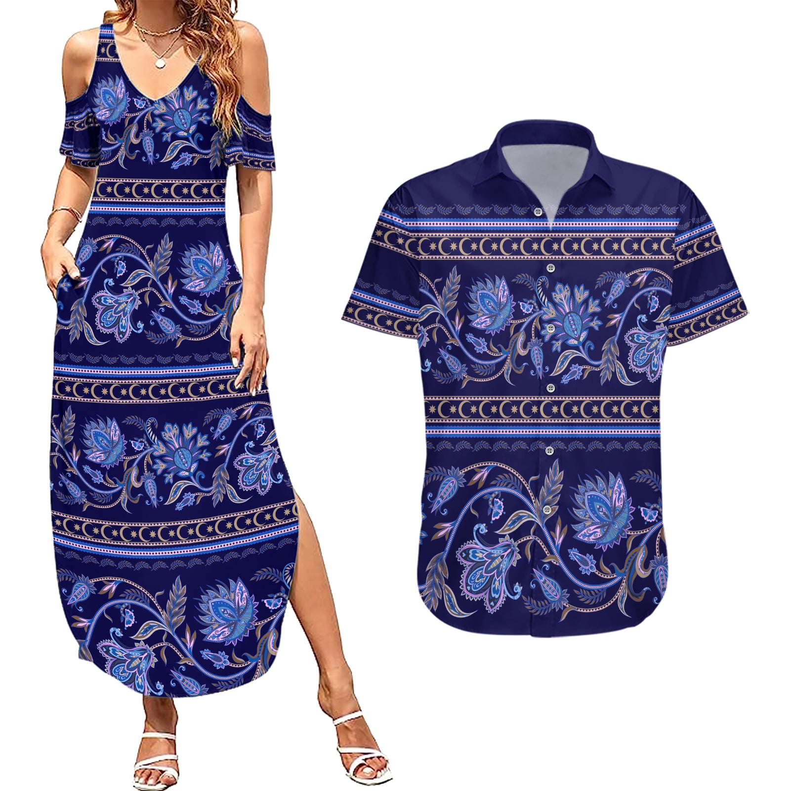 Azerbaijan Couples Matching Summer Maxi Dress and Hawaiian Shirt Traditional Pattern Ornament With Flowers Buta Blue LT9 - Wonder Print Shop