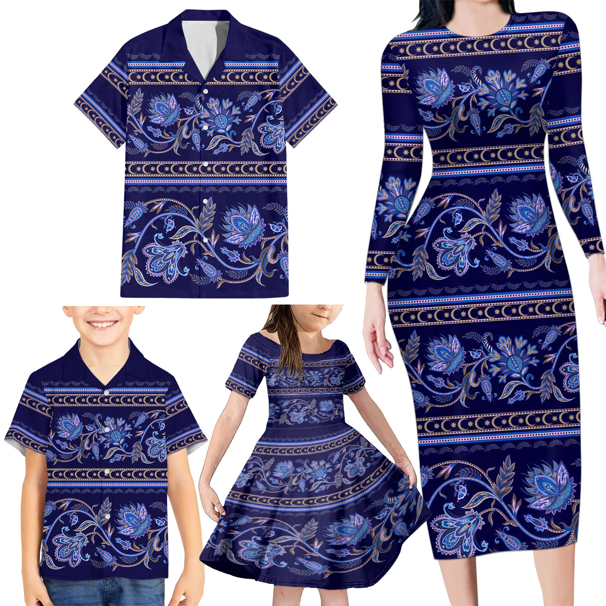 Azerbaijan Family Matching Long Sleeve Bodycon Dress and Hawaiian Shirt Traditional Pattern Ornament With Flowers Buta Blue LT9 - Wonder Print Shop