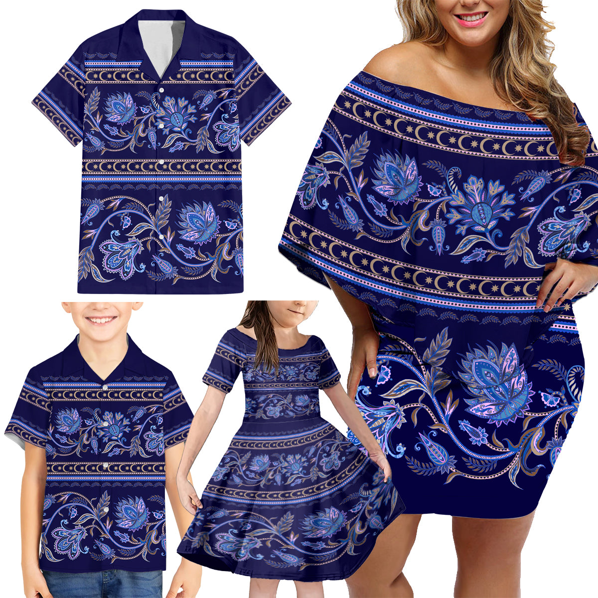 Azerbaijan Family Matching Off Shoulder Short Dress and Hawaiian Shirt Traditional Pattern Ornament With Flowers Buta Blue LT9 - Wonder Print Shop