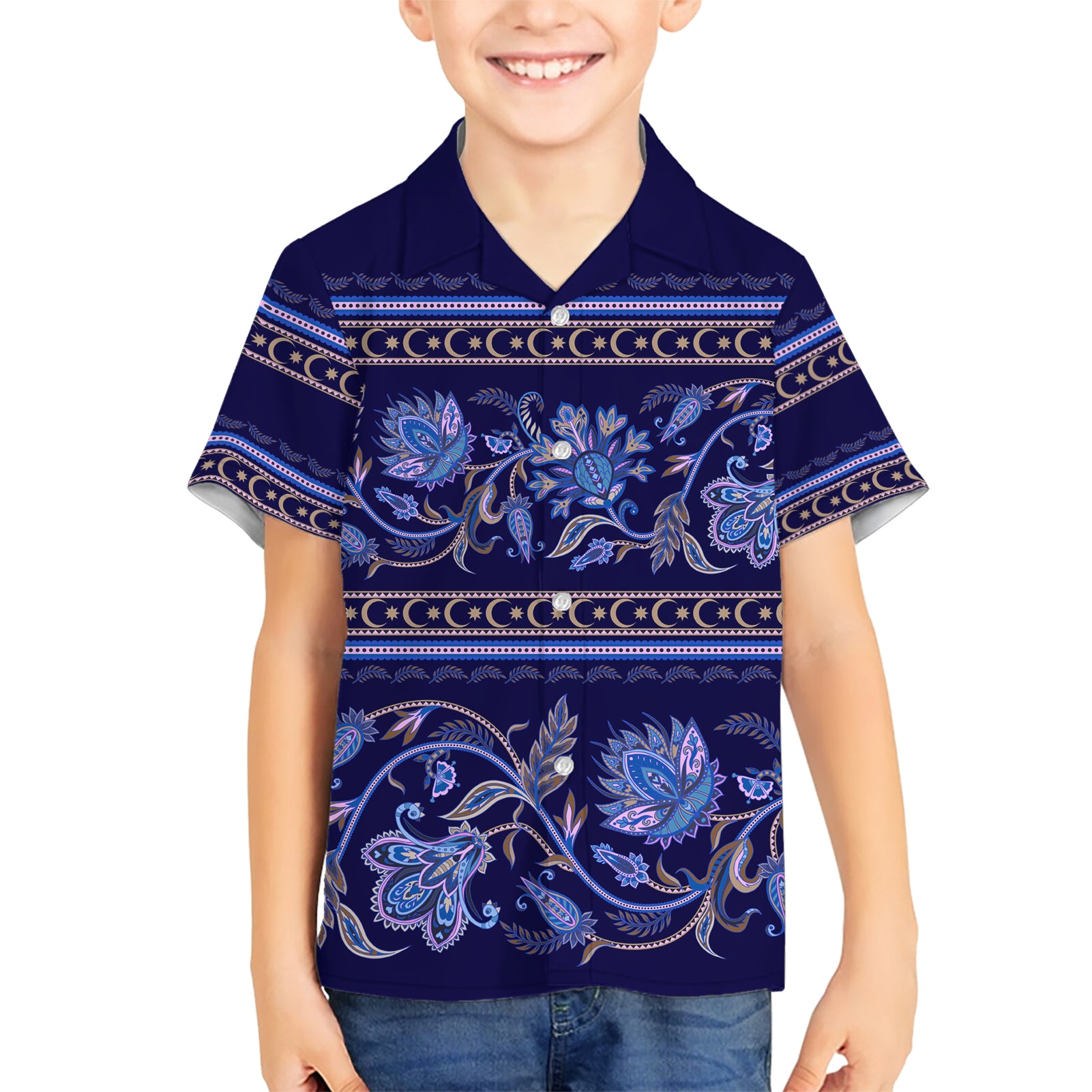 Azerbaijan Kid Hawaiian Shirt Traditional Pattern Ornament With Flowers Buta Blue - Wonder Print Shop