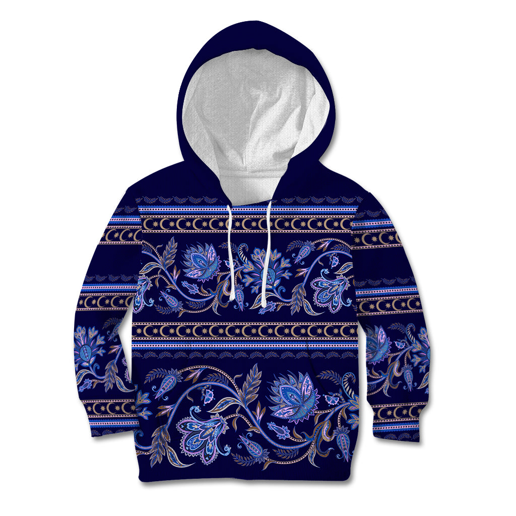 Azerbaijan Kid Hoodie Traditional Pattern Ornament With Flowers Buta Blue - Wonder Print Shop