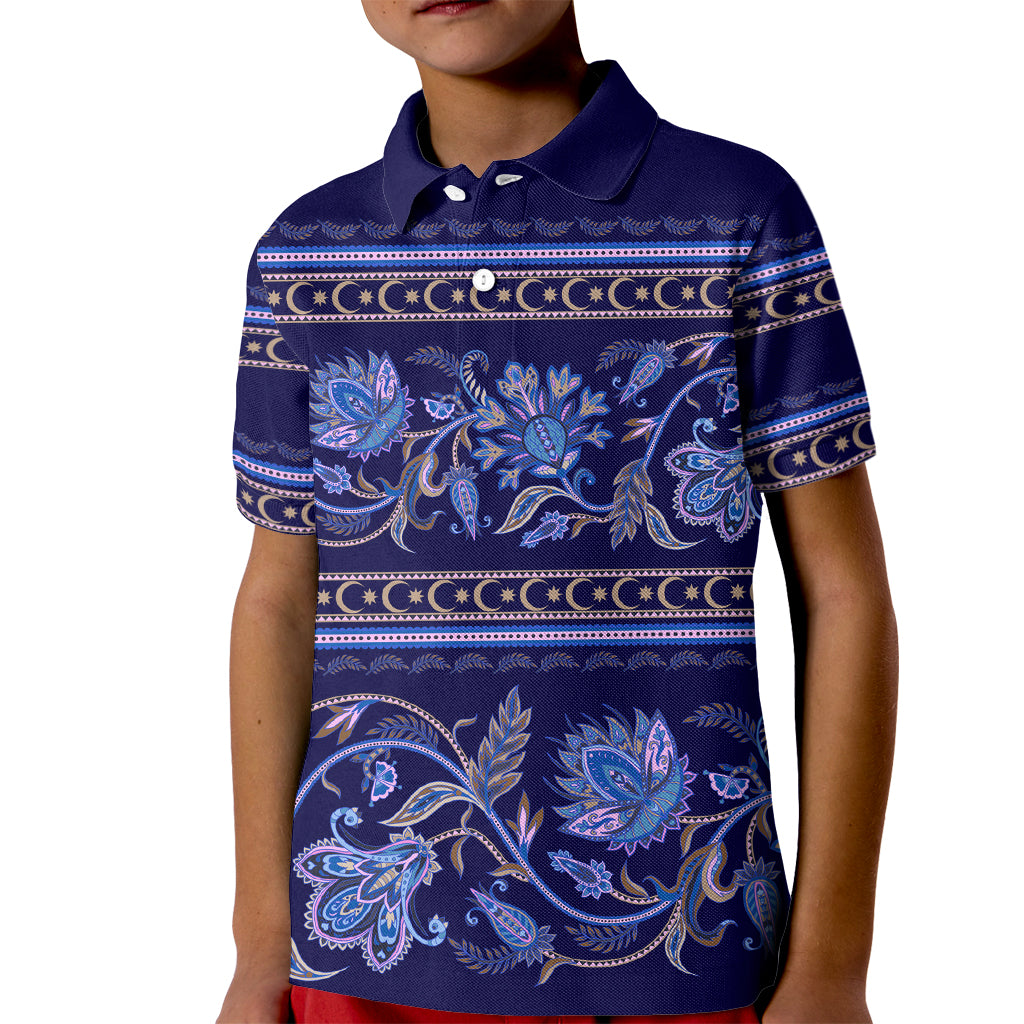 Azerbaijan Kid Polo Shirt Traditional Pattern Ornament With Flowers Buta Blue - Wonder Print Shop